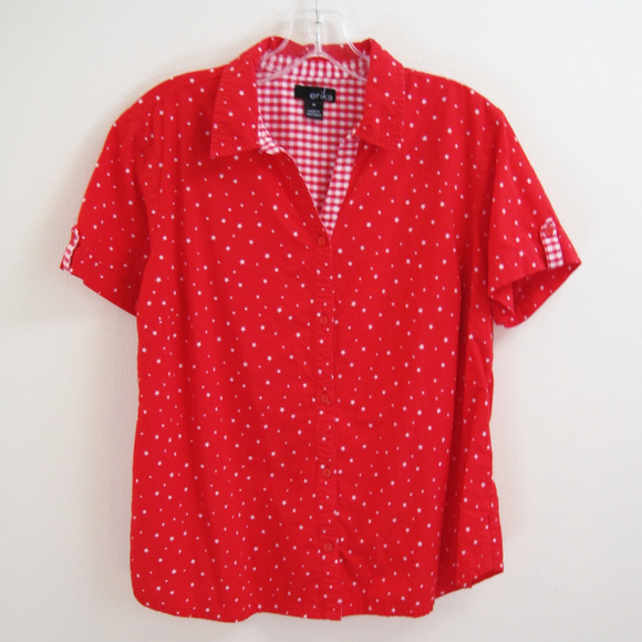 Erika Blouse-Button Top-Red Stars-Gingham Edge-M - Picture 2 of 8